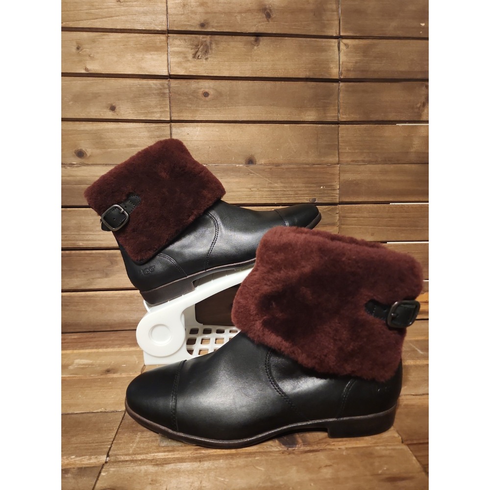 UGG Australia Leather Inez Ankle Boots 7.5 fur low heel Black booties buckle zip